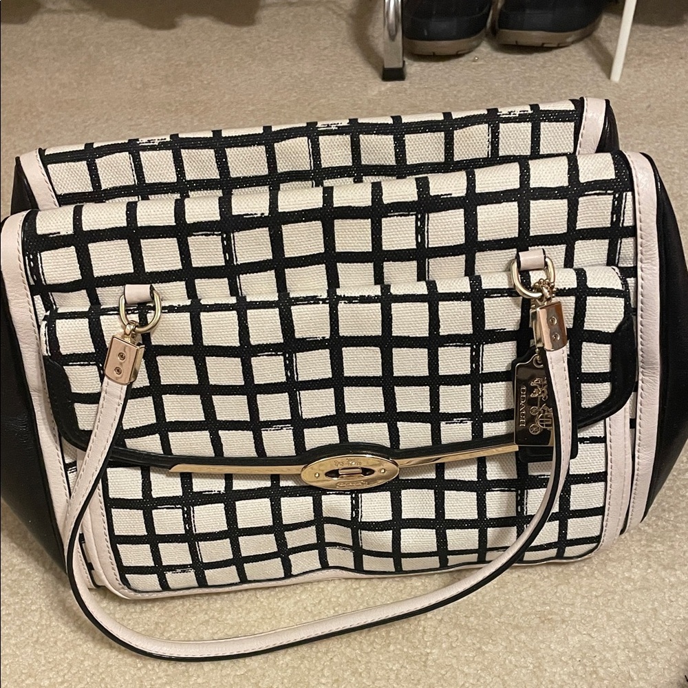 Coach Madison 28082 Black and White Grid Shoulder Bag with Gold Hardware
